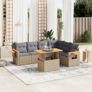 Beige 7-tlg. Rattan Garten-Sofagarnitur mit Kissen und verstellbarem Tisch für Terrasse und Garten.