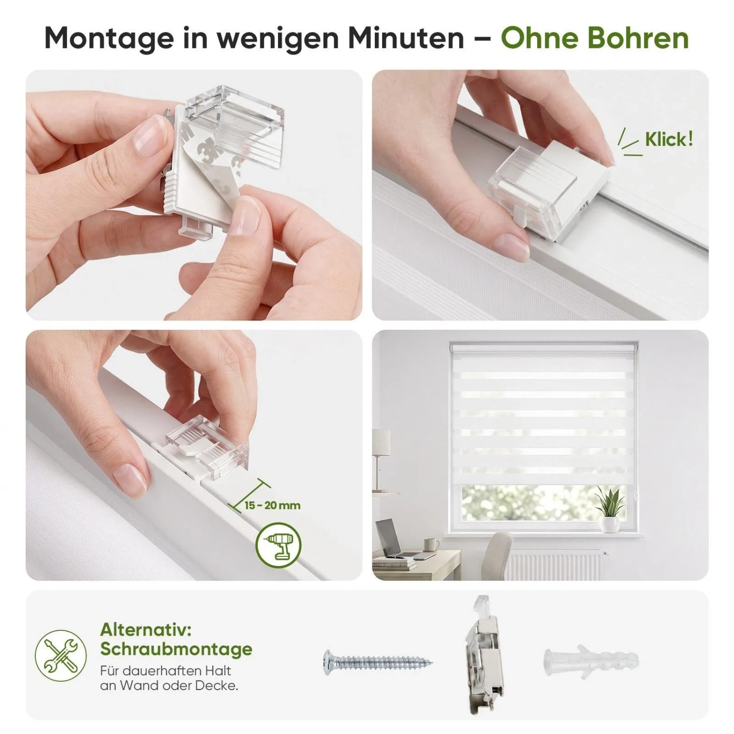 Montage des weißen SALCAR Doppelrollos Klemmfix ohne Bohren am Fenster. Alternativ Schraubmontage. Sichtschutz für Fenster.