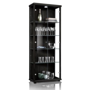 Schwarze K-Möbel Vitrine mit LED-Beleuchtung und Glasböden, ideal zur Präsentation von Sammlerstücken.