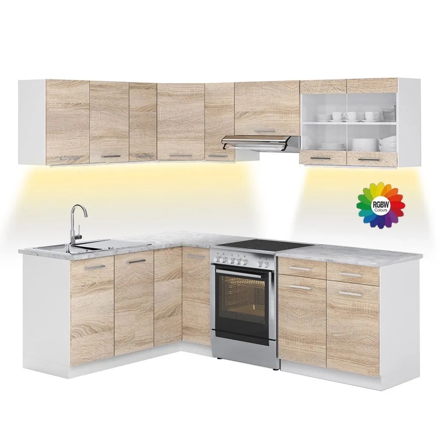 Vicco Eckküche R-Line Sonoma/Weiß 227 x 82, AP Marmor mit LED-Leisten