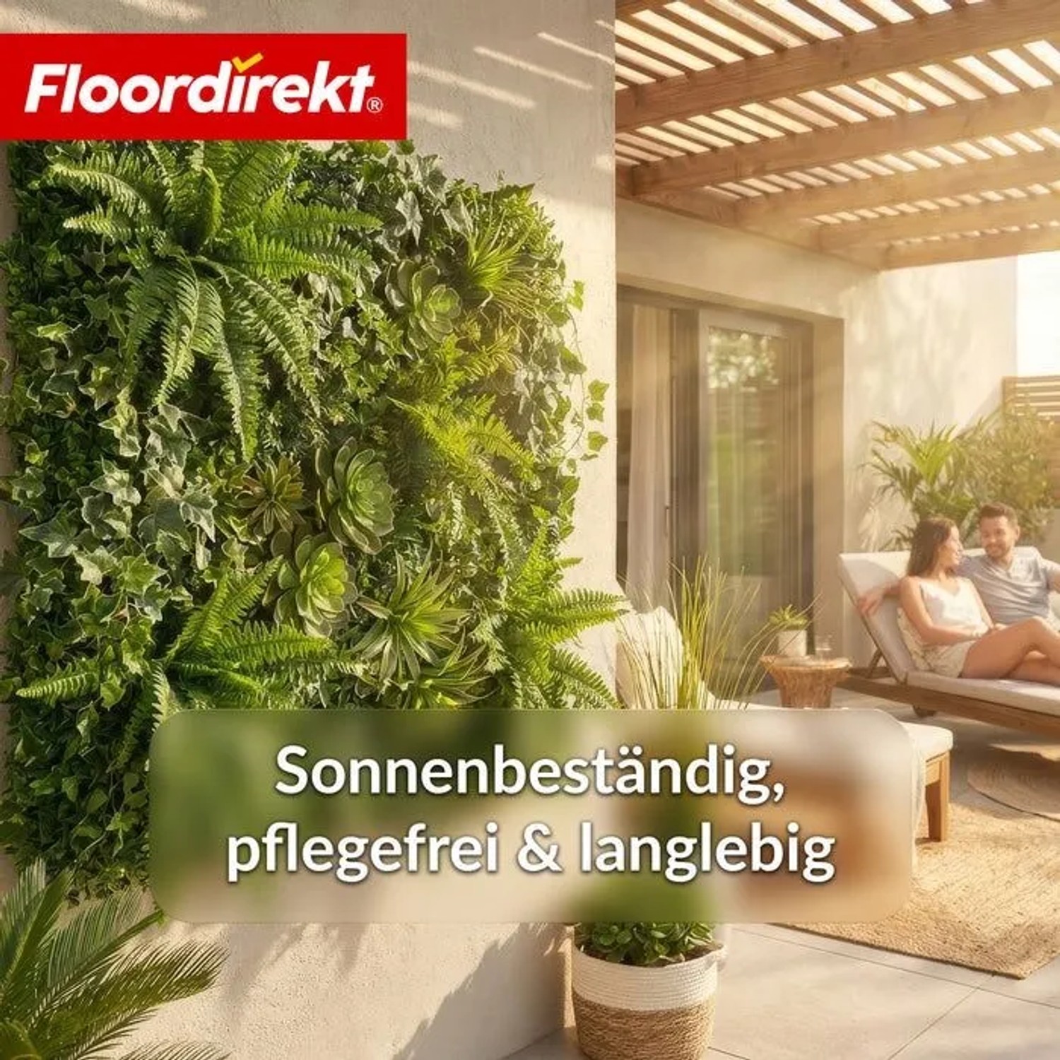 Floordirekt Pflanzenwand Spring Garden, 100x100 cm, mit vielfältigen Kunstpflanzen auf Terrasse. Pflegefrei & langlebig.
