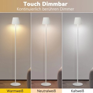 Drei weiße LED-Stehleuchten demonstrieren einstellbare Farbtemperaturen: Warmweiß, Neutralweiß, Kaltweiß. Moderne, dimmbare Innenleuchte.