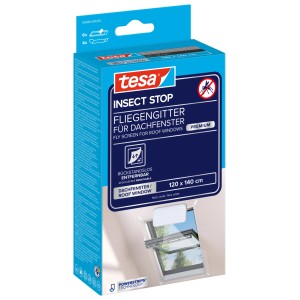 Verpackung des tesa Insect Stop Fliegengitters für Dachfenster in Weiß, 120x140cm.
