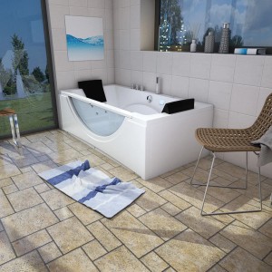 AcquaVapore Eck-Whirlpool W81-TH-A-SC 90x180 mit Farblicht im Badezimmer.