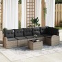 Graues 7-teiliges vidaXL Garten-Sofa-Set aus Polyrattan mit Tisch und Kissen.