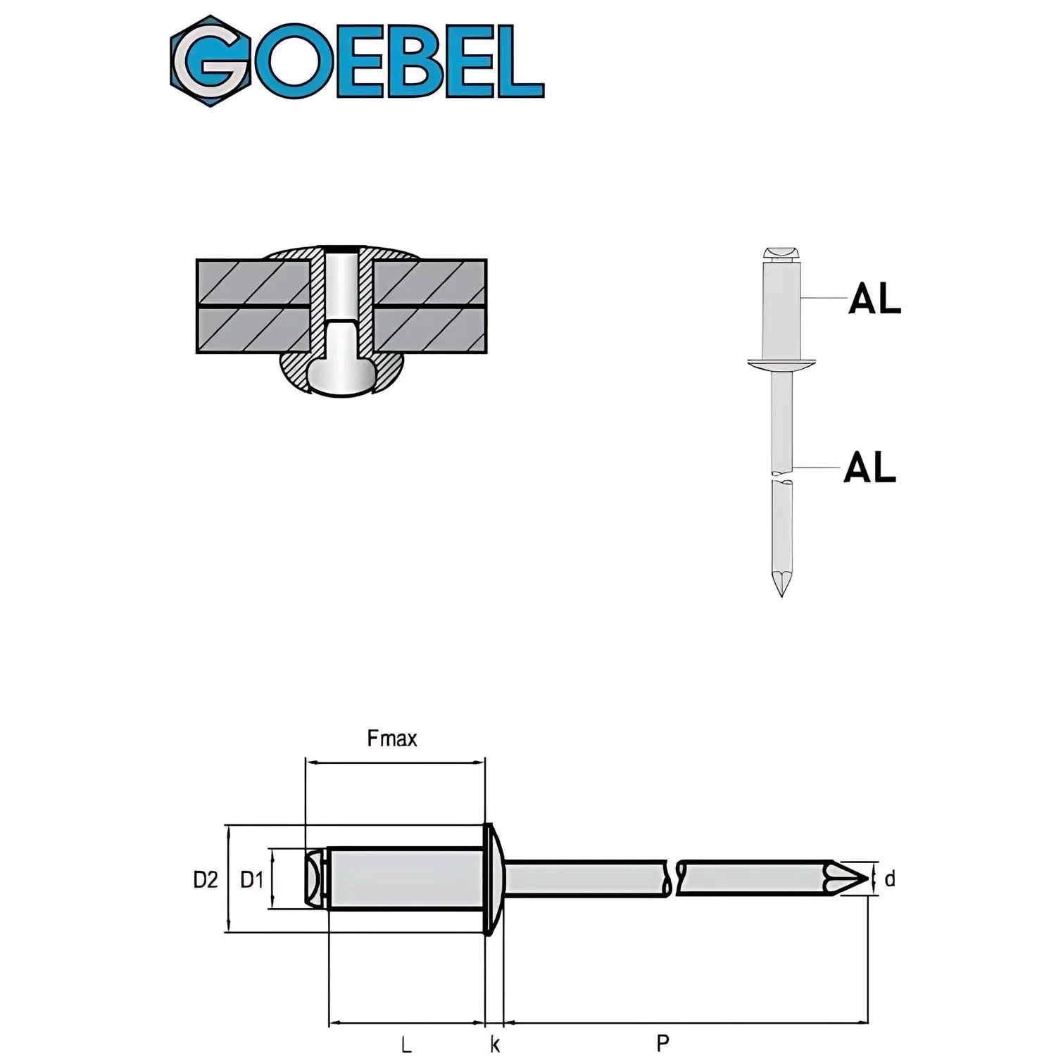 Technische Zeichnung: Goebel Blindniete Aluminium 3,0 x 10,0 mm, Flachkopf. Schema mit Maßen.