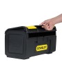 Schwarze Stanley Werkzeugbox Basic 16 Zoll mit gelben Akzenten und Tragegriff.