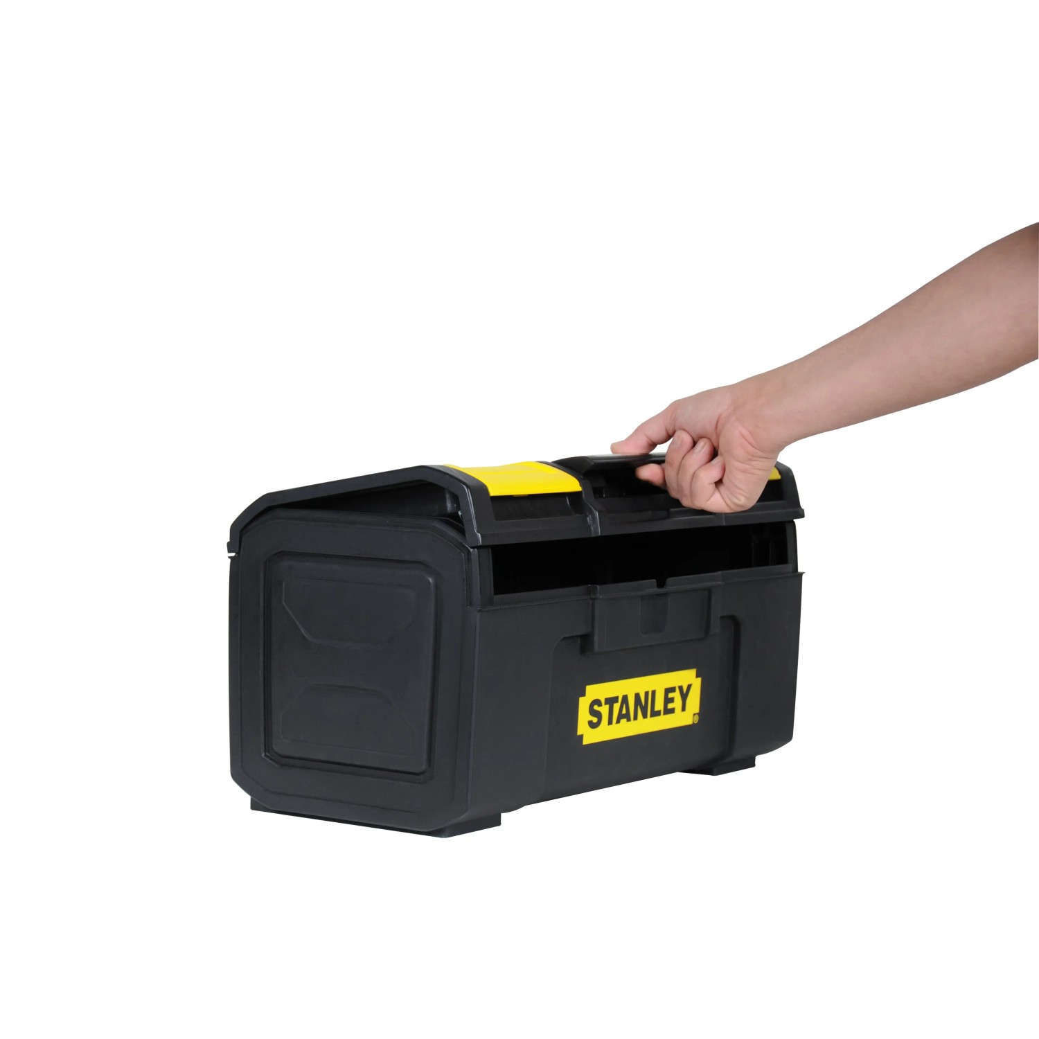 Schwarze Stanley Werkzeugbox Basic 16 Zoll mit gelben Akzenten und Tragegriff.