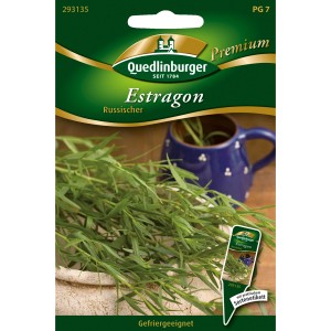 Quedlinburger Russischer Estragon Saatgutpackung mit frischen Estragonzweigen.