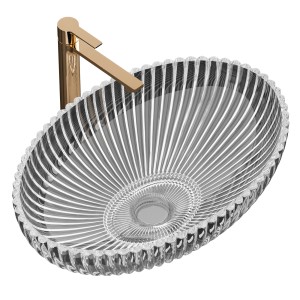 Ovales Emke Aufsatzwaschbecken aus Klarglas mit Armatur, modernes Design für Bad und Gästetoilette.