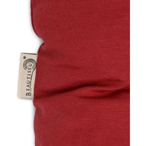 Rote Beautissu Deckchairauflage aus Stoff mit sichtbarer Textur und Markenetikett. Ideal für Gartenstuhlauflagen.