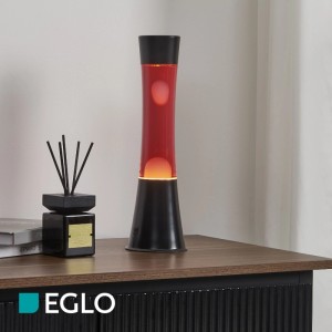 Eglo LED-Lavatischleuchte Schwarz/Rot/Weiß mit fließendem Wachs auf dunklem Tisch. Moderne Dekoleuchte.