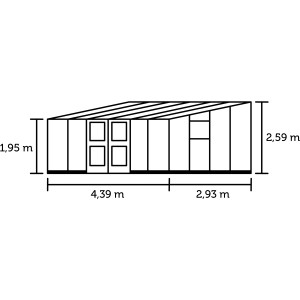 Skizze des Juliana Anlehngewächshauses Veranda, 12,9 m², mit Maßangaben zu Höhe und Breite.