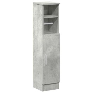 Schlanker Badezimmerschrank in Betongrau mit offenem Fach, integriertem Rollenhalter und Tür. Praktischer Stauraum im Bad.