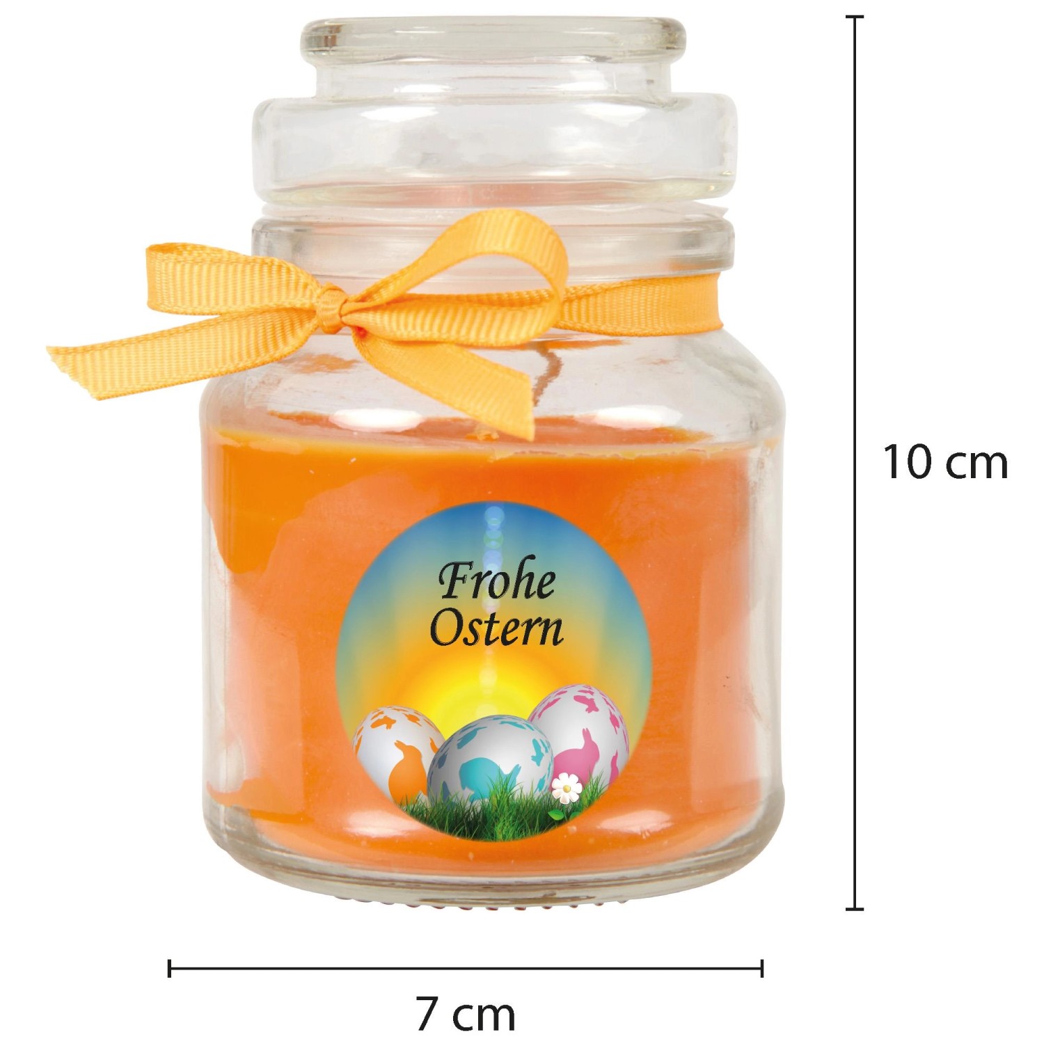 Duftkerze Frohe Ostern im Glas (Ø7cm) mit Honigmelonen-Duft und Ostereier-Motiv.