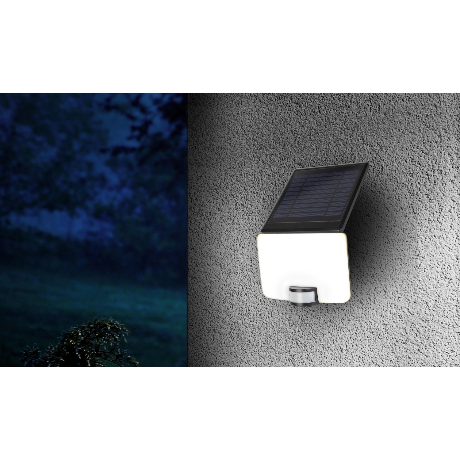 MegaLight Solar-LED-Strahler Sunflood, 1500 lm, mit Bewegungsmelder an grauer Wand.