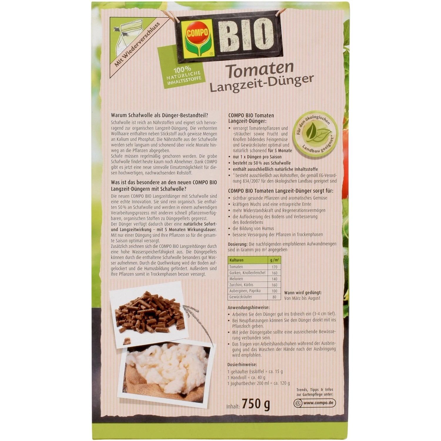 Compo Bio Tomatendünger mit Schafwolle, 750g Packung für langanhaltende Düngung.