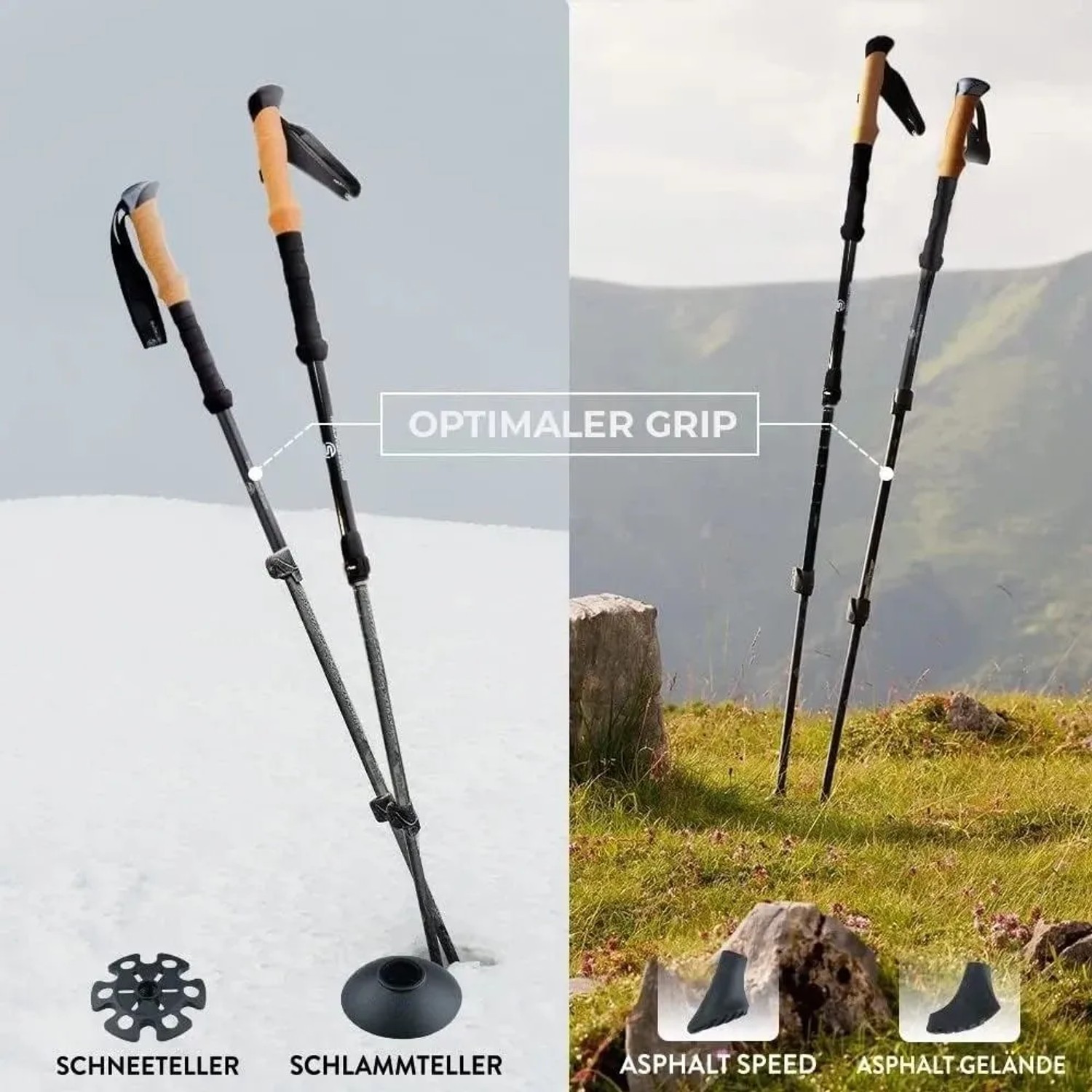 Sportisfaction Carbon Wanderstöcke mit verschiedenen Aufsätzen für Schnee, Schlamm und Asphalt.