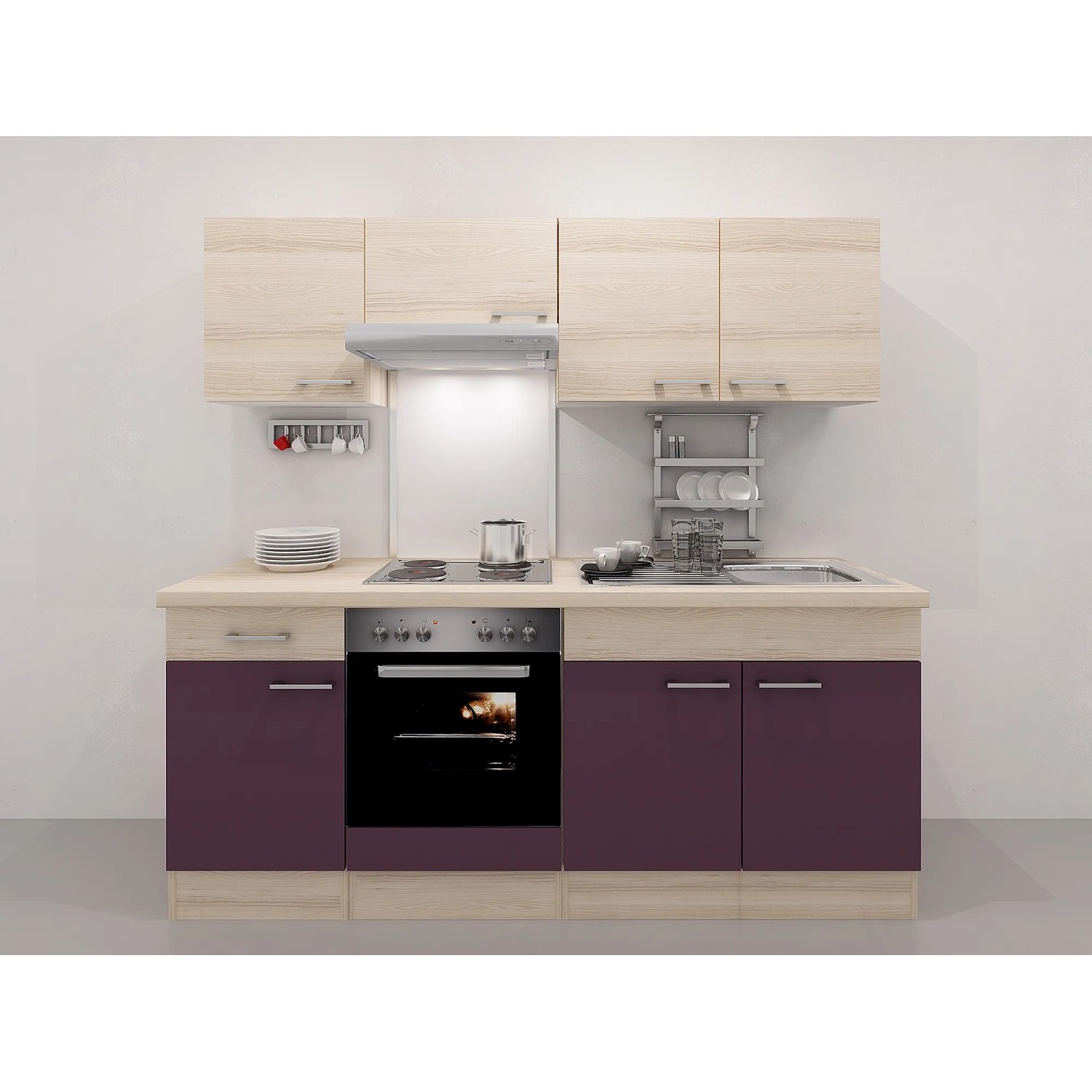 Flex-Well Exclusiv Küchenzeile Focus 210 cm Akazie Nachbildung Aubergine