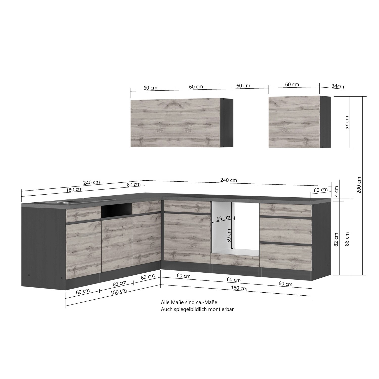 Held Möbel Winkelküche Turin, 240x240 cm, Graphit-Wotaneiche, ohne E-Geräte, mit Maßangaben.