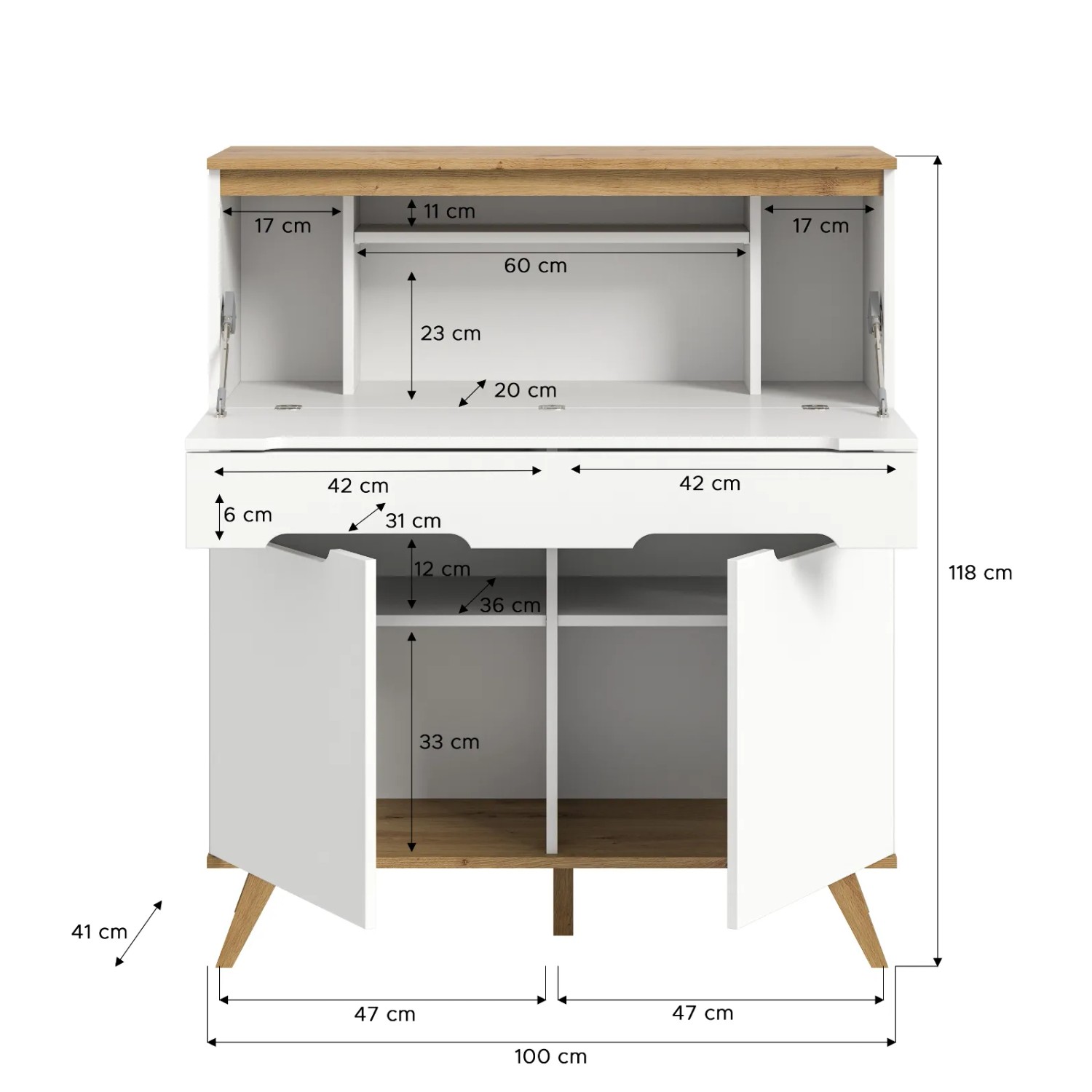 Inn.Furn Sekretär Hygge, weiß-Eiche, skandinavisch. Mit Klappe, Schublade, Türen. Maße: 100x118x41 cm.