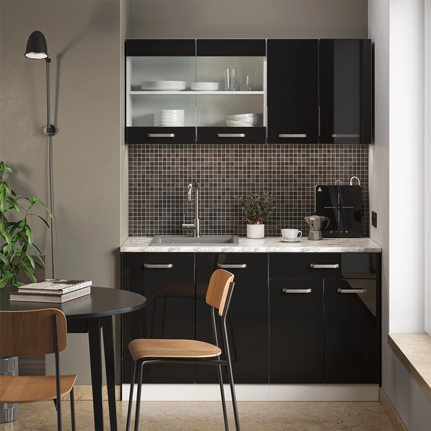 Vicco Singleküche, 140 cm, Schwarz Hochglanz/Eiche Dekor, Küchenzeile mit Hängeschränken.