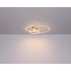 Moderne LED-Deckenleuchte Munni in Nickel matt mit verschlungenen Ringen für Wohnraum.