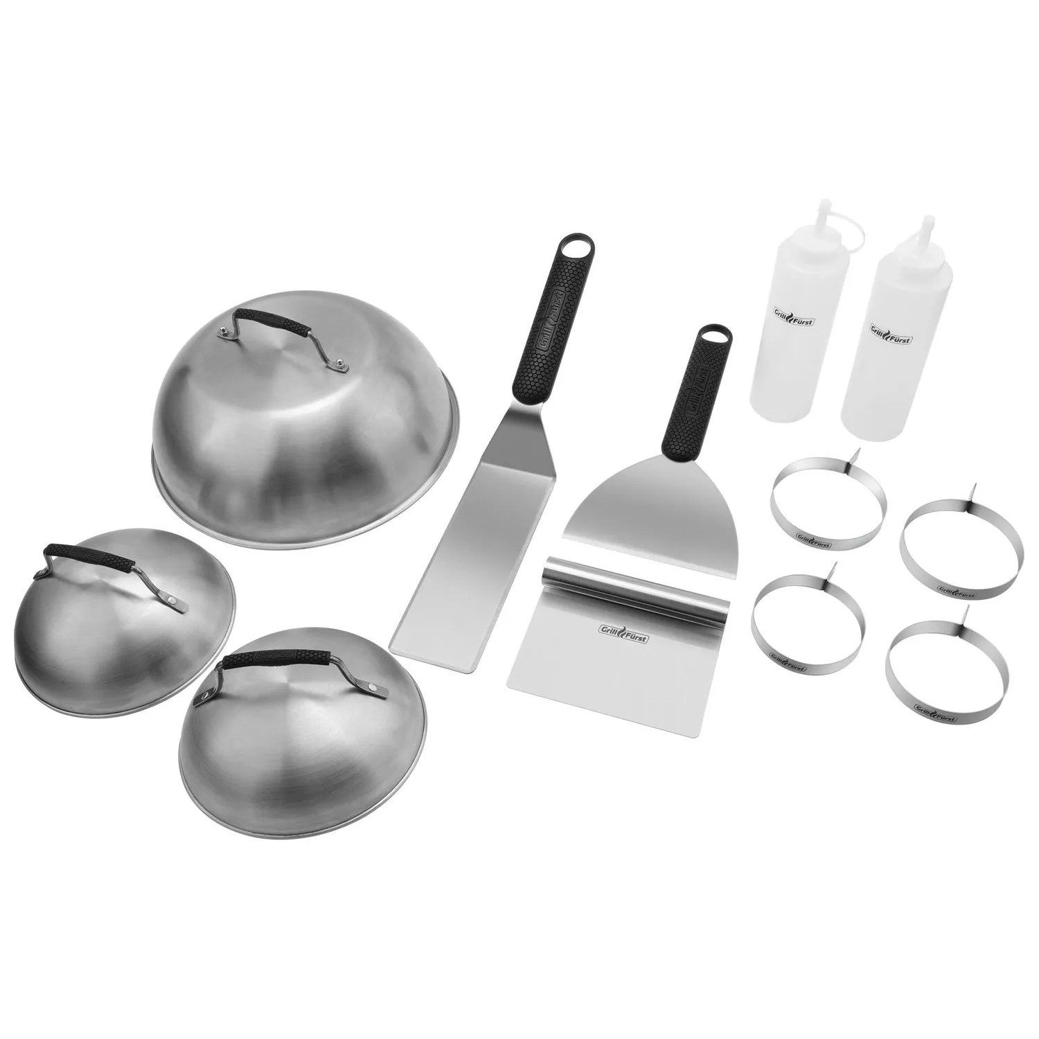 Grillfürst Plancha Set 12 Teilig Wender Spachtel Schaber Burgerglocken Bratringe Squeezeflaschen