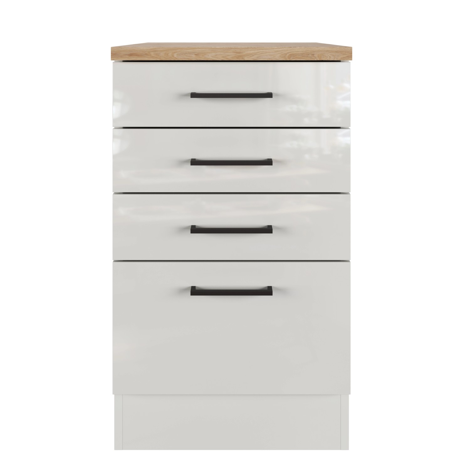 Flex-Well Lund Küchenunterschrank, 50 cm, Lichtgrau glänzend mit 3 Schubladen und Auszug.