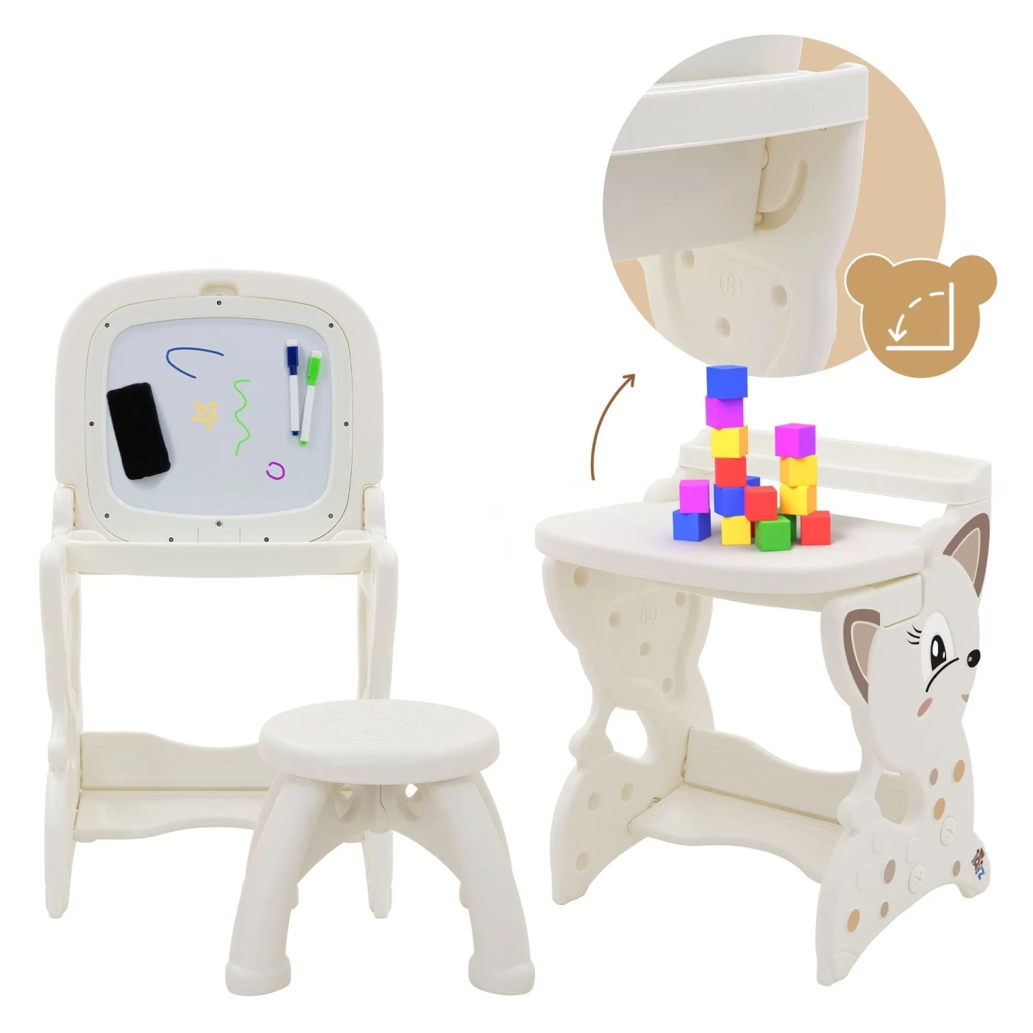 Weißer Joyz 3in1 Spieltisch mit LCD-Tafel, als Staffelei mit Malerei und als Tisch mit Bausteinen, inkl. Hocker.