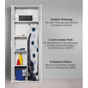 Offener, weißer mokebo Besenschrank mit Putzmitteln, Staubsauger und Bügelbrett. Ideal als Büroschrank.