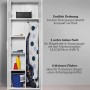 Offener, weißer mokebo Besenschrank mit Putzmitteln, Staubsauger und Bügelbrett. Ideal als Büroschrank.
