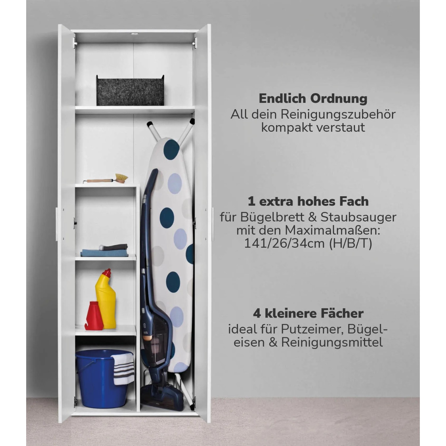 Offener, weißer mokebo Besenschrank mit Putzmitteln, Staubsauger und Bügelbrett. Ideal als Büroschrank.