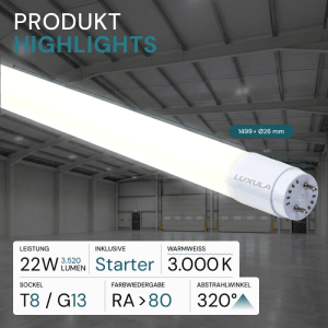 LUXULA Profi LED T8 Röhre 150cm 22W 3520lm Warmweiß 3000K 160lm/W Hoch-Effizient Leuchtstoffröhre inkl. Starter Nano-Kunststoff