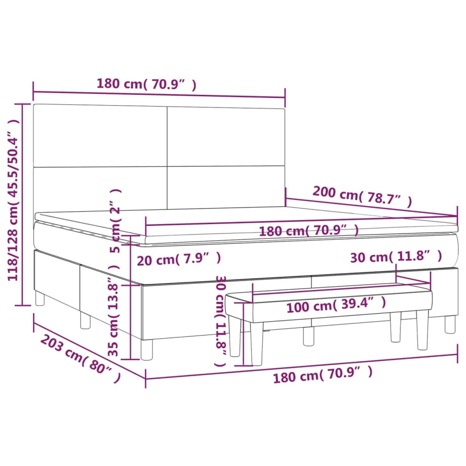 Schwarzes vidaXL Boxspringbett 180x200 cm mit Matratze und Bank. Bett mit hohem Kopfteil.