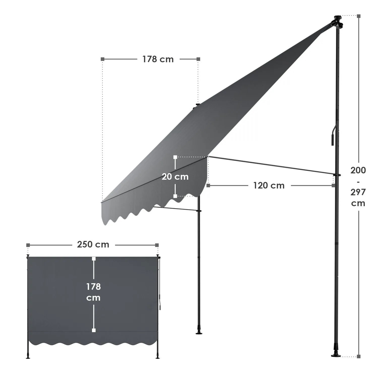 Juskys Klemmmarkise Kapstadt, 250x120 cm, Grau, mit Maßangaben für Balkon & Terrasse.