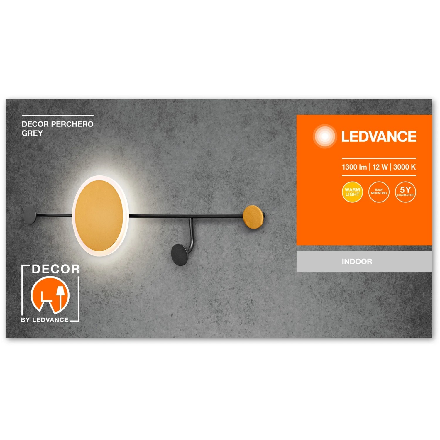 Ledvance Wandlampe Decor Perchero Grau 77 cm mit Kleiderhaken, modernes Design.