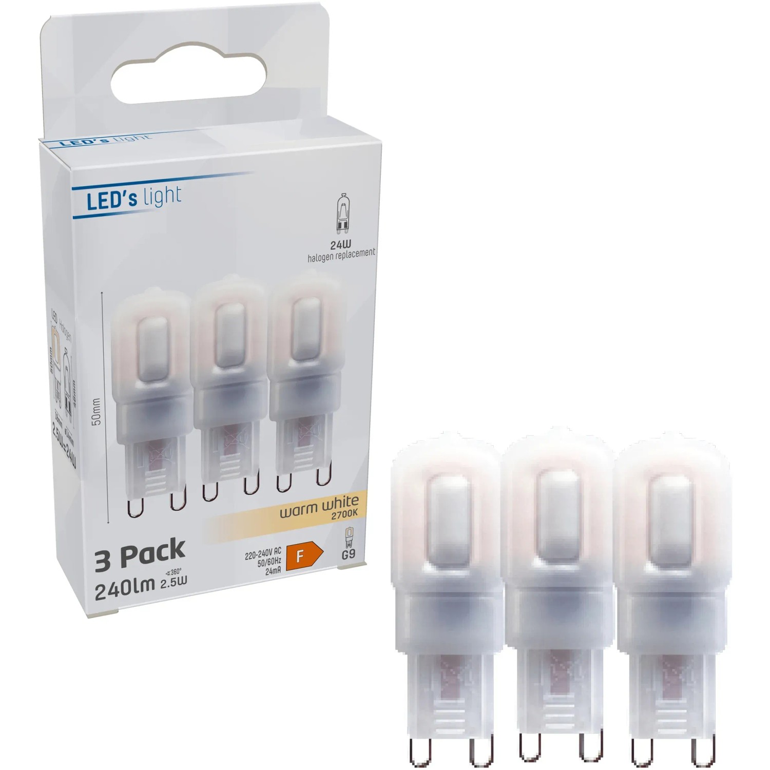 3er-Set G9 LED-Leuchtmittel, 2,5 W, warmweiß. Kompakte Kapselform für Tisch-, Schrank- und Stehlampen.