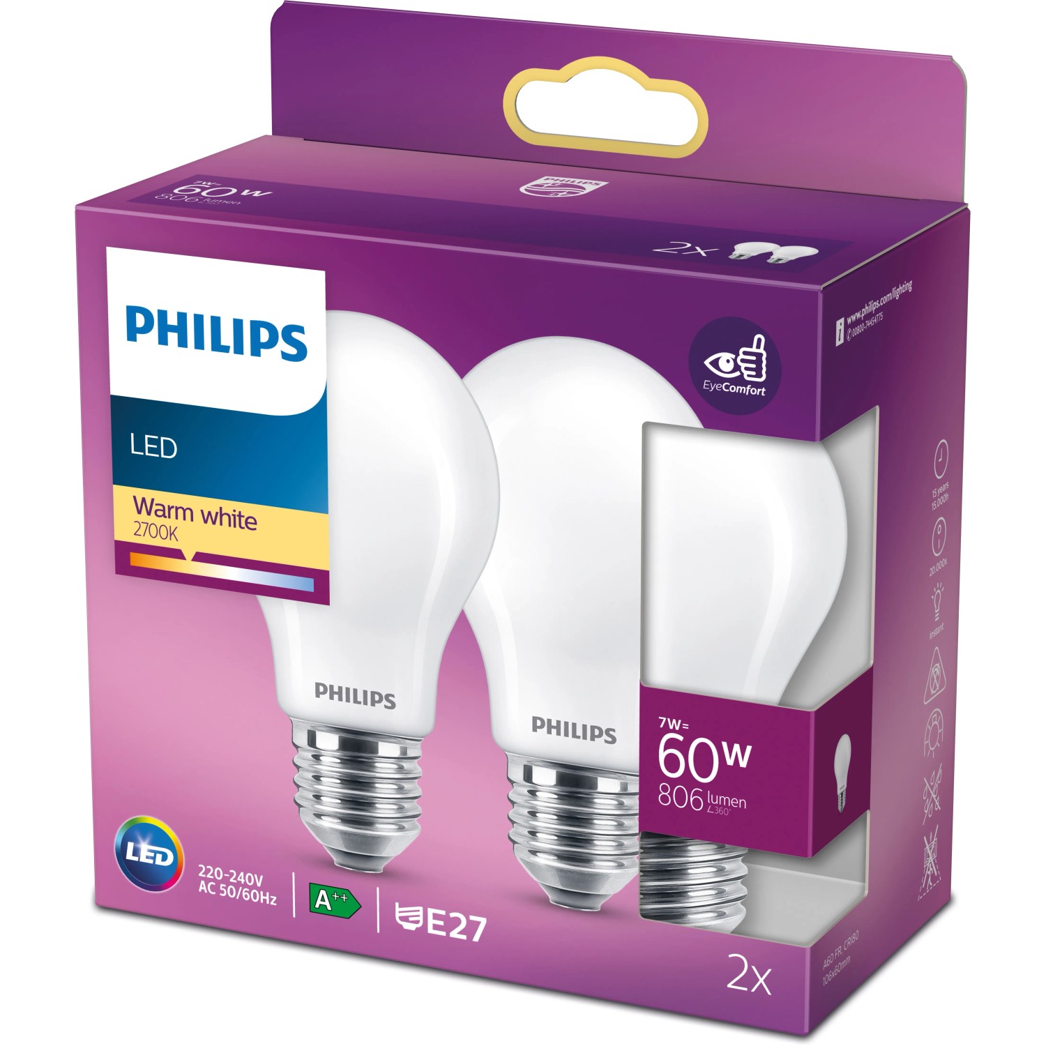 Philips LED E27 7W Glühbirnenform, 2er-Set. Warmweißes Licht für Wohnräume.