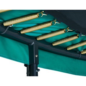 Detailaufnahme: Federn und Rahmen des grünen Salta Trampolin First Class 487 cm.
