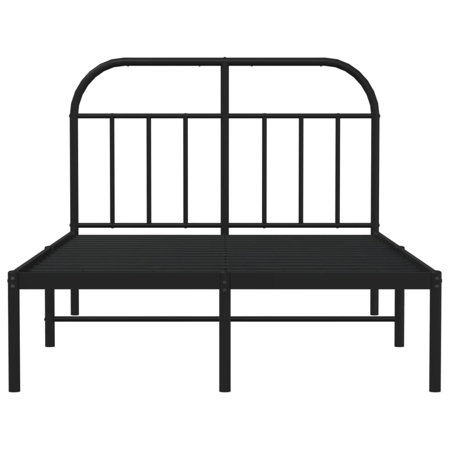 Schwarzes Metall Bettgestell 120x190 cm mit Lattenrost und Kopfteil.