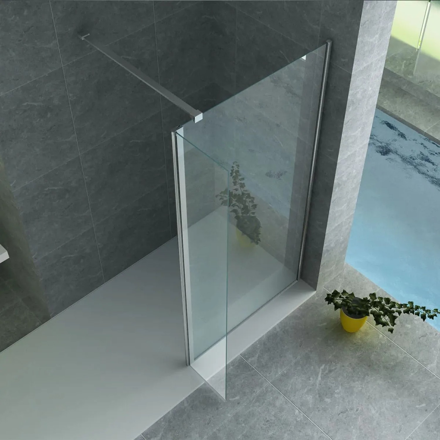 Belvit Duschwand, 200x30cm, 8mm Glas mit Nano-Beschichtung und Aluminiumrahmen.