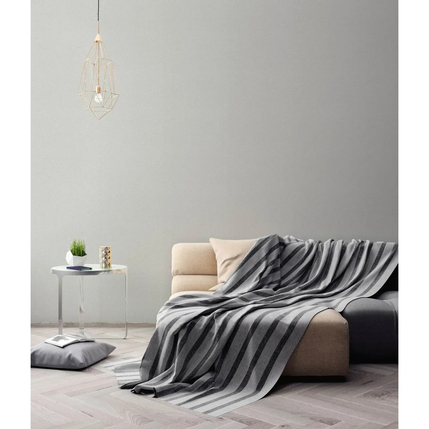 Wohnraum mit grauer Struktur Tapete (PROFHOME 358661-GU) an der Wand.