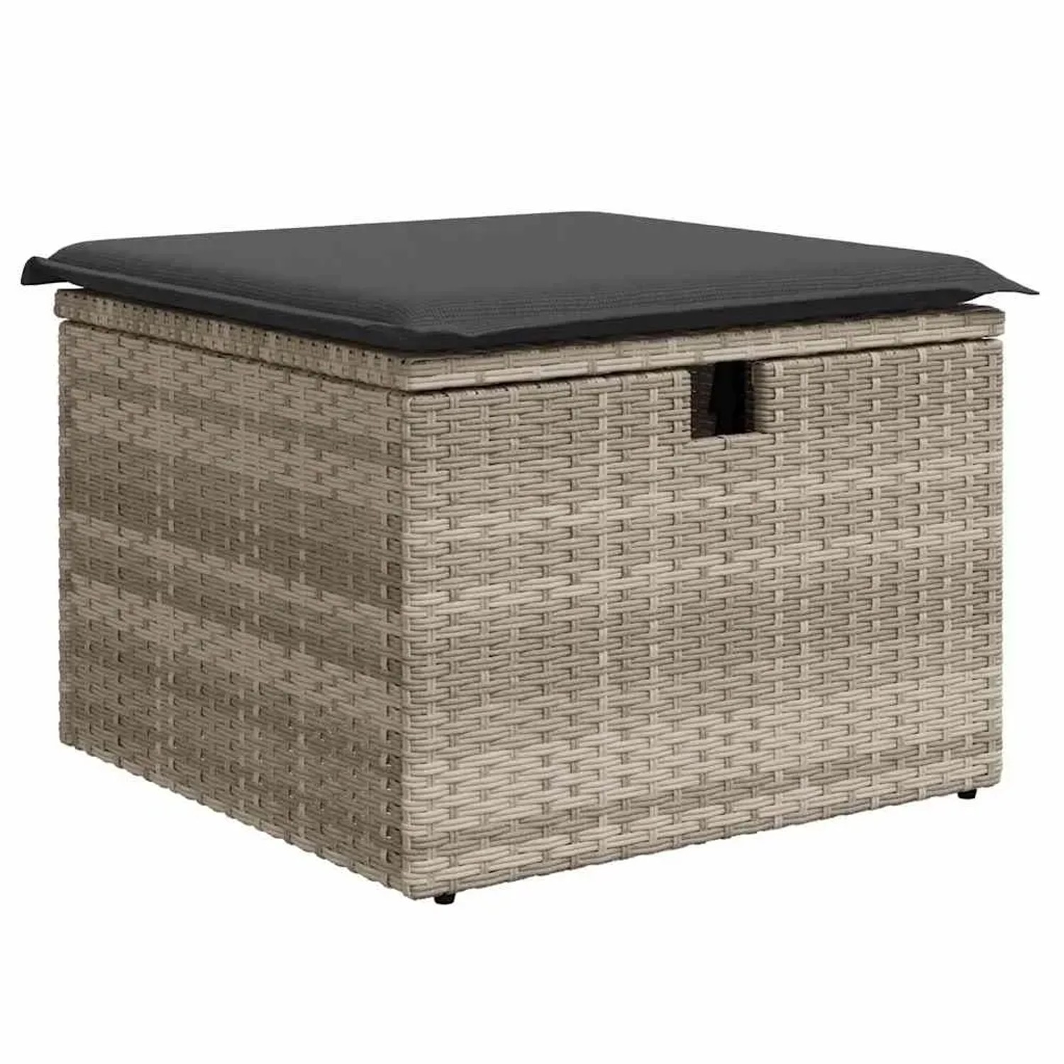 Hellgrauer vidaXL Gartenmöbel-Fußhocker aus Rattan mit dunkelgrauem Kissen. Teil der Sofagarnitur.