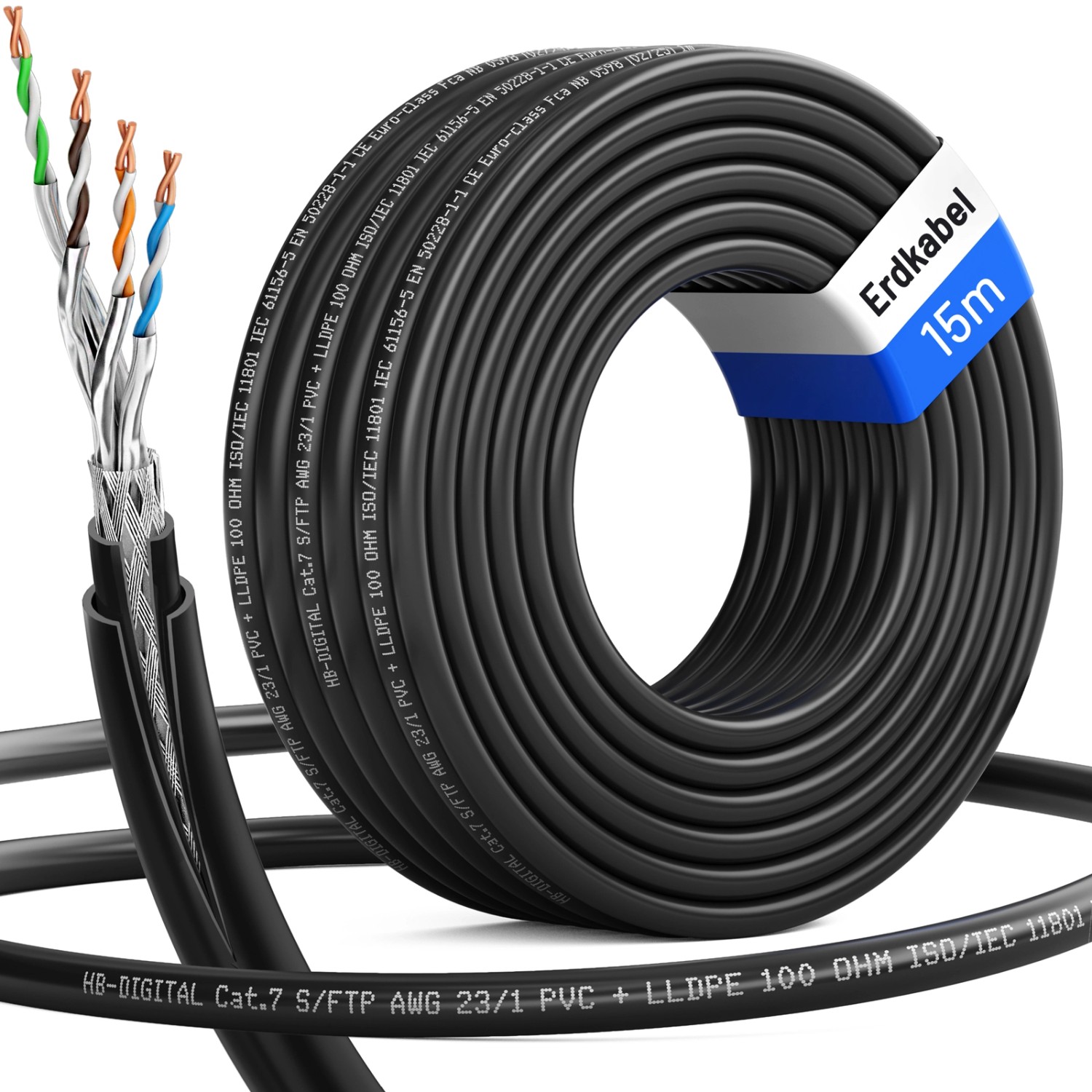 hb-digital 15m CAT 7 Erdverlegekabel Doppelmantel S/FTP PVC + LLDPE AWG23 für Außenbereich