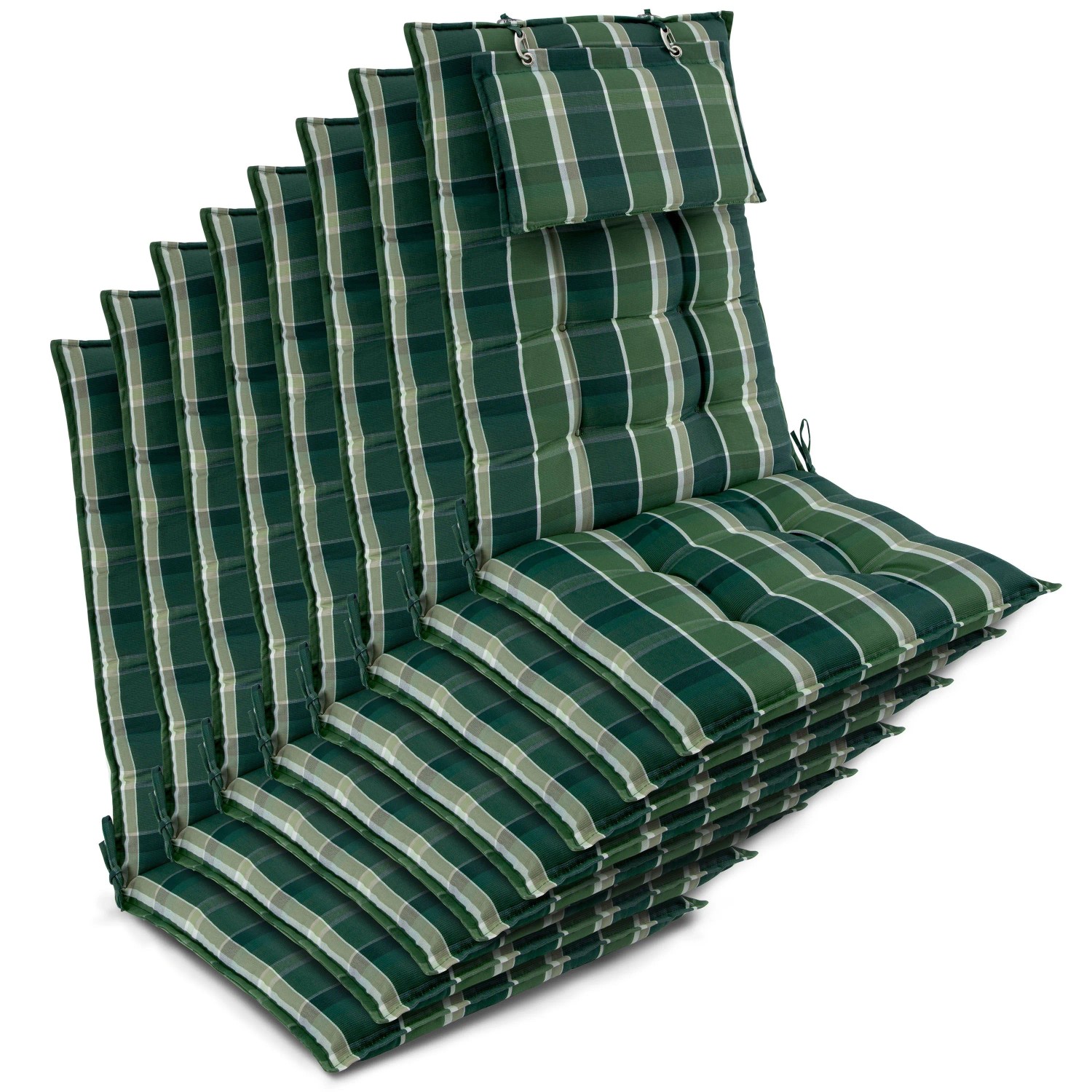 Beautissu 8er Set Sun-HL Hochlehner Auflage 120x50x8cm Grün-Kariert