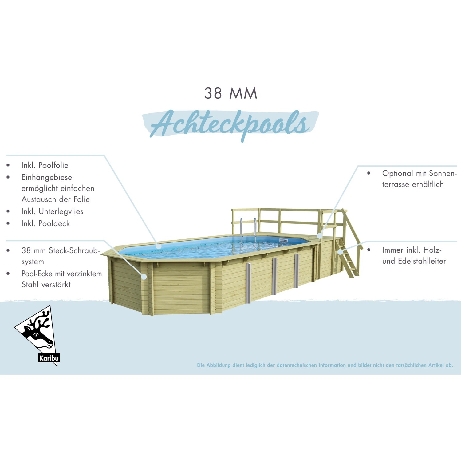 Karibu Holzpool Set mit Sonnenterrasse und Leiter. Kesseldruckimprägniertes Holz.
