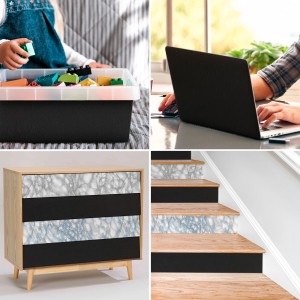 Anwendungsbeispiele der grauen Venilia Klebefolie in Lederoptik auf Möbeln, Treppen und Gegenständen.