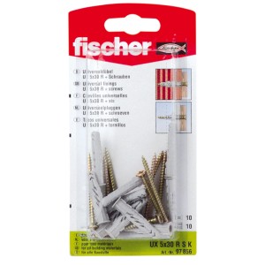 Fischer Universaldübel UX 5x30 RSK mit Schrauben, 10er-Packung, geeignet für verschiedene Baustoffe.