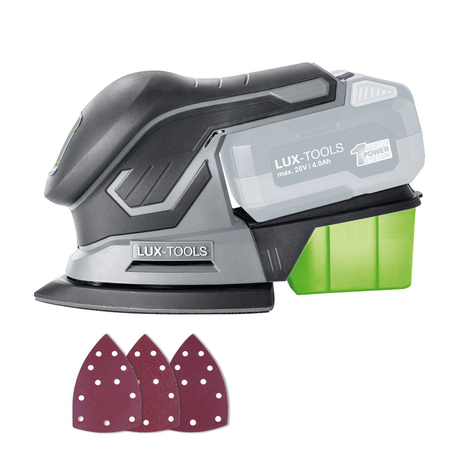 LUX Akku-Multischleifer A-MS-20 mit Akku, Staubbox und Schleifpapier. Ideal zum Schleifen von Holz und Metall.